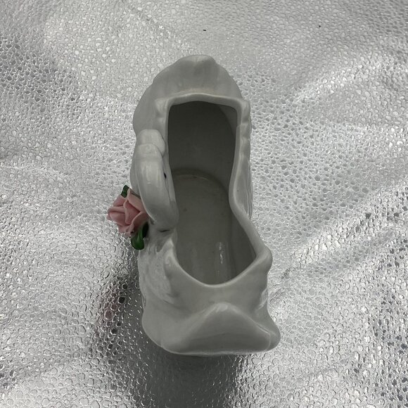 Vintage Ceramic Swan Planter Vase White With Pink Rose Accent Trinket Dish - Picture 5 of 9